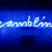 A bright blue neon sign spells out the word 'gambling' in cursive script. The background features a textured wall covered in domino tiles, also illuminated by the blue light, creating a vivid and visually striking scene.